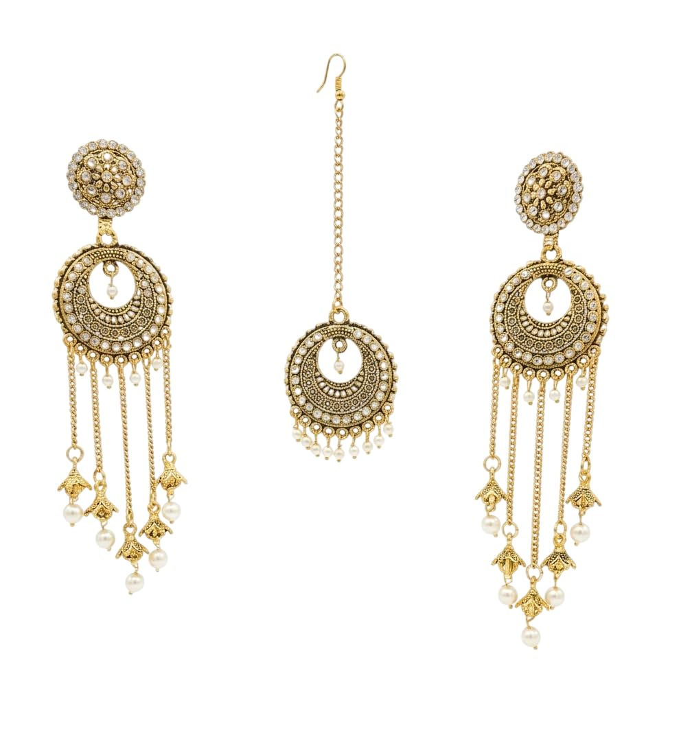 Antique Kashmiri Style Bridal Ethnic Traditional Festival Fashion Long Dangle Earrings Jhumka with Maang Tikka Jewellery Set, Gold Colour-image-34