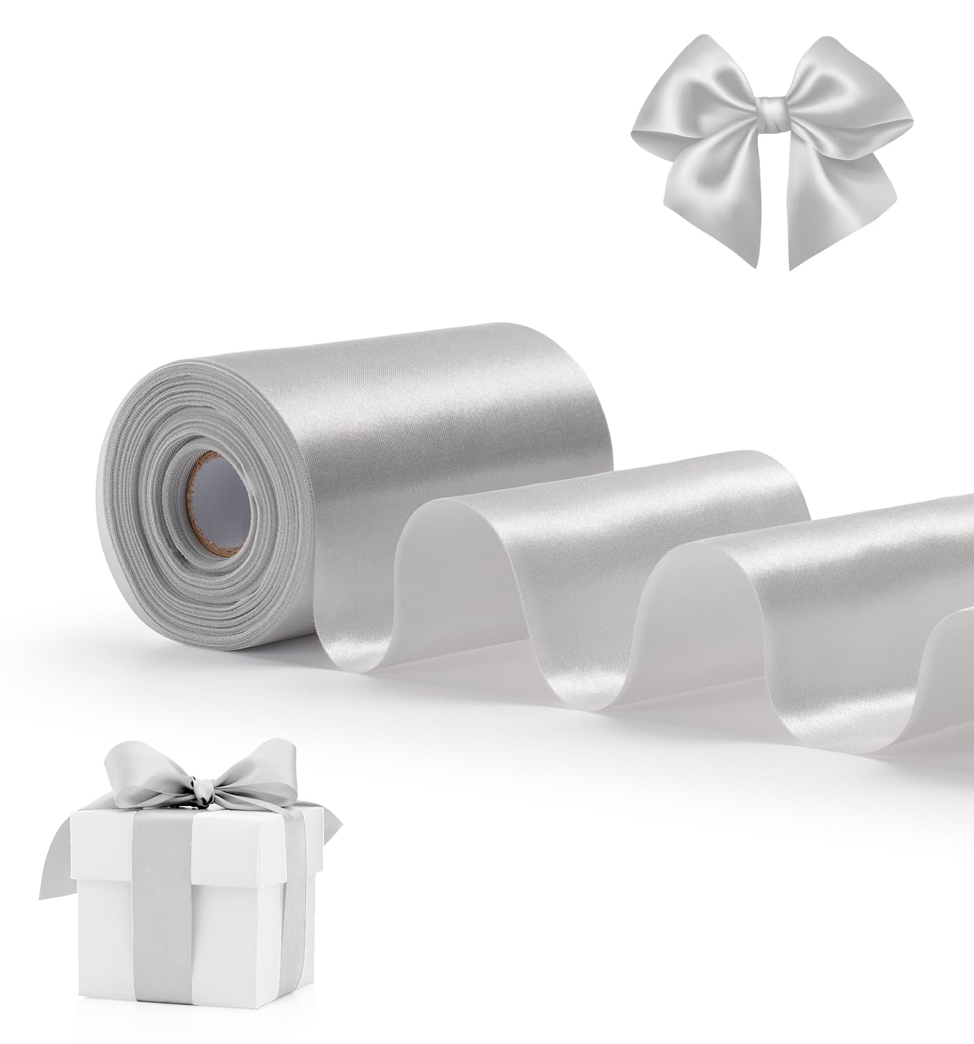 FAKILO Silver Satin Ribbon 4 Inch x 22 yd Wide Thick Ribbon for A Grand Opening Business Cuttings Ceremony Bow Wedding Festival Decor