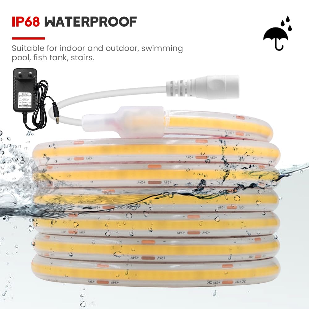 Tira LED COB 24V [50M, Blanco 6000-6500K], IP68 impermeable flexible, 320 LEDs/m tira LED FCOB cortable CRI90+, decoración interior y exterior para el hogar