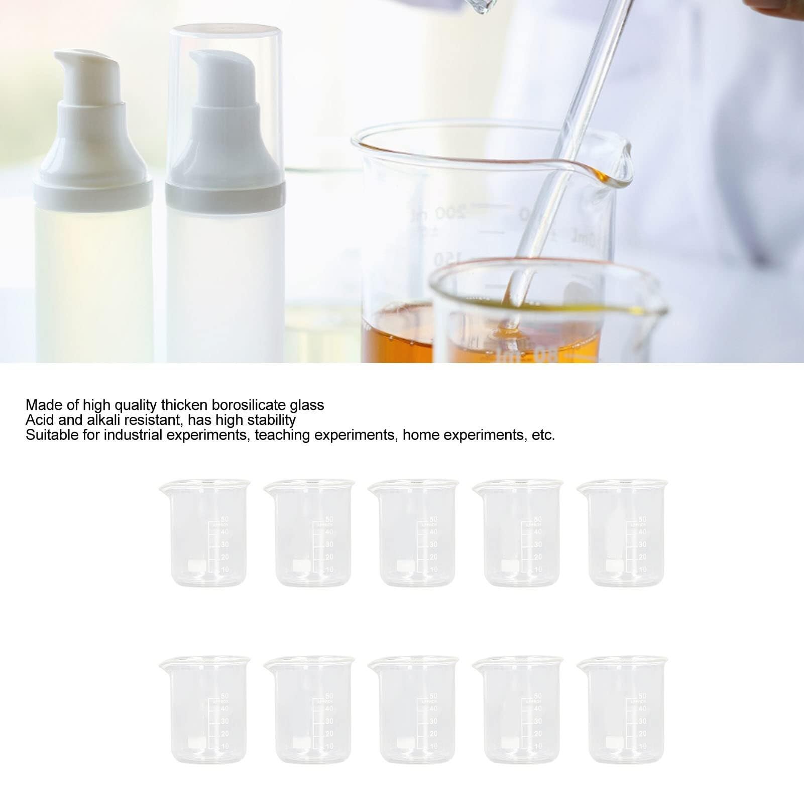 Set di Becher di Misura in Vetro - 10 Pezzi 50ml in Vetro Borosilicato Graduato per Laboratorio e Cucina