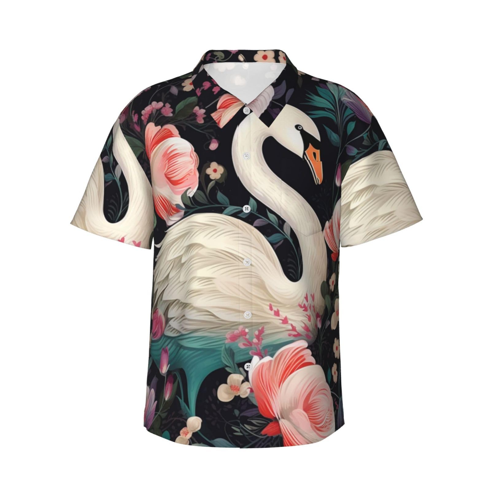 Lhbwcvn Unisex Black Floral Swan Hawaiian Shirt For Men Beach Shirts Tropical Tops Summer Button Down Short Sleeve, M