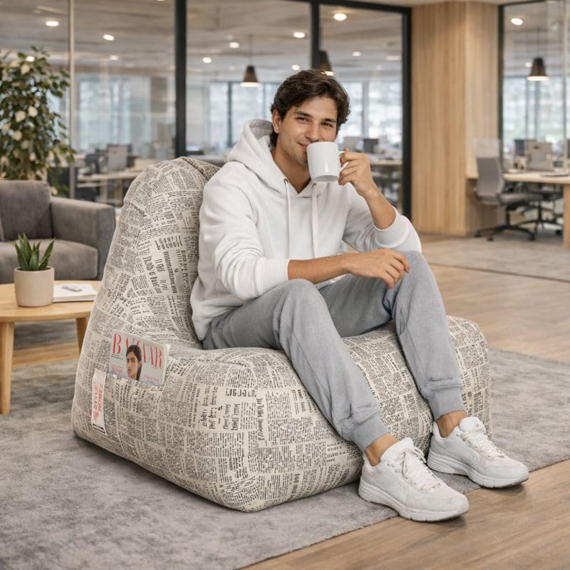 Image of Style Homez Hackey Cotton Canvas Newspaper Printed Bean Bag XXL Size Filled with Beans Fillers