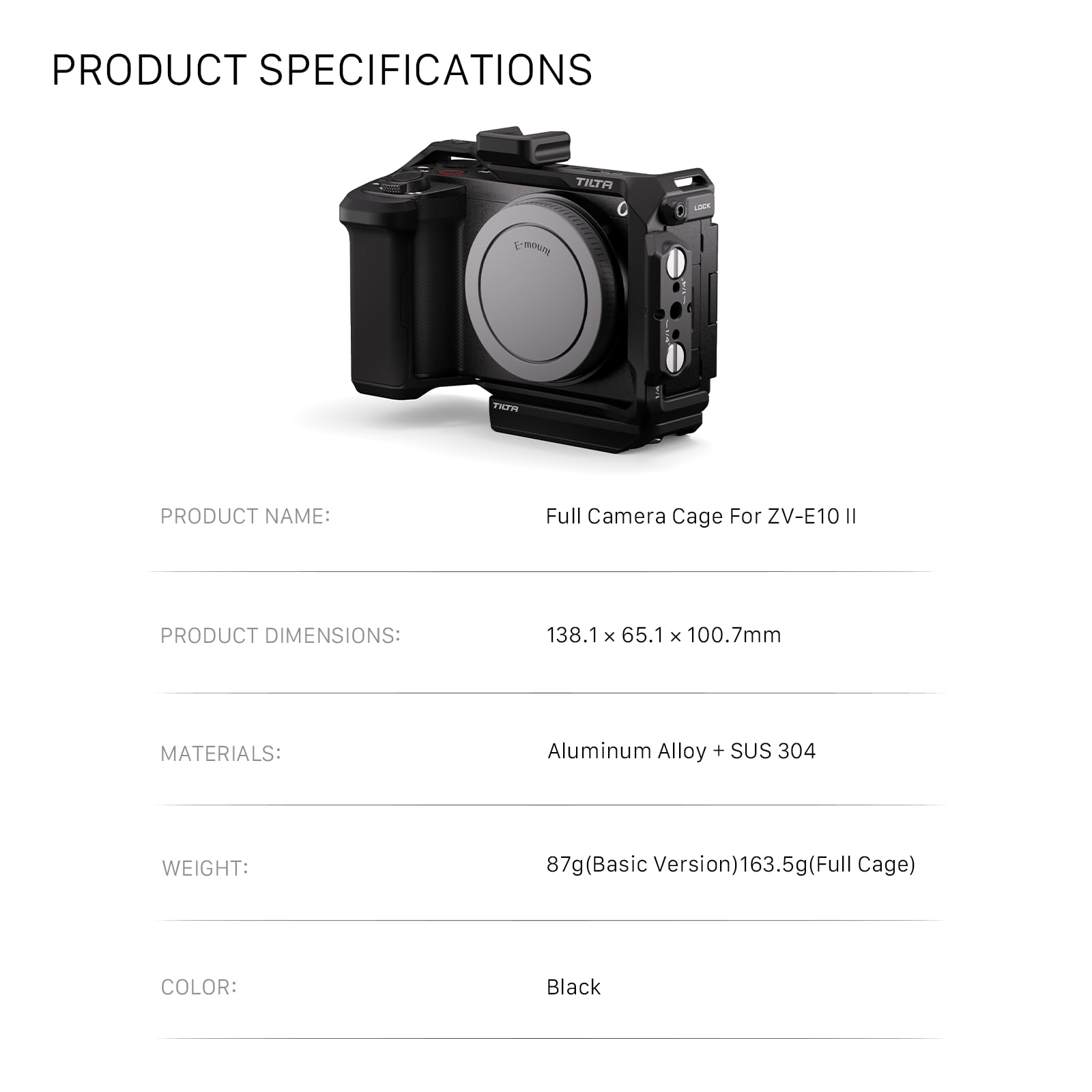 Tilta ZV-E10 II Cage complète pour appareil photo compatible avec ZV E10 II avec support griffe froide, 6,35 mm - 20, 3/8"-16 filetages - Noir TA-T69-FCC-B