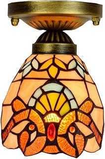 Tiffany Style Baroque Ceiling Fixture Lamp Retro Yellow Stained Glass 6 Inch Art Shade Flush Mount Ceiling Light E27 for Dinner Room Living Room Bedroom