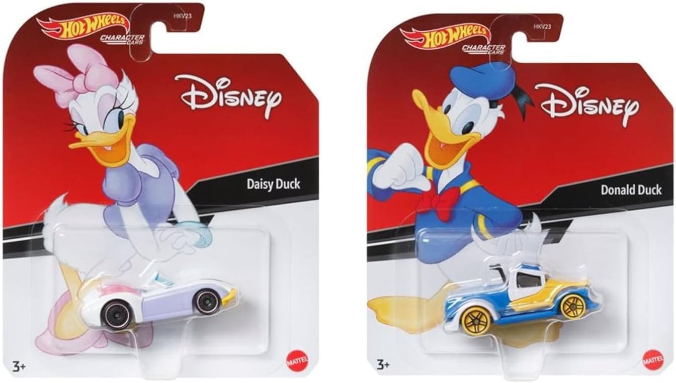 Hot Wheels Disney Donald & Daisy Duck Character Cars, Bundle of 2 Collectible Die-Cast Vehicles
