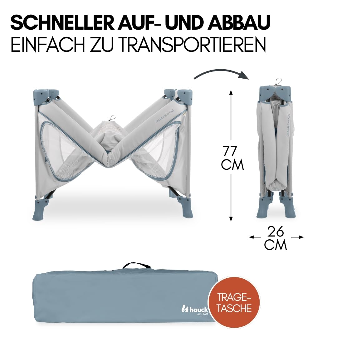 hauck Kinderreisebett Dream N Play Plus – XXL Zubehörpaket mit Matratze, Spielzelt & Insektenschutz, faltbar & klappbar, Tasche & großem Eingang – Dusty Blue