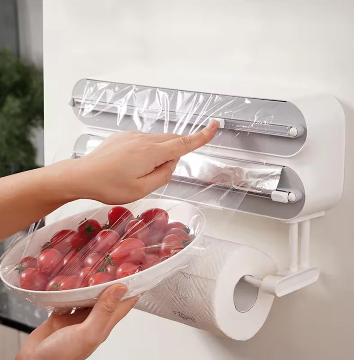 Wall-Mounted Paper Towel Holder with Bamboo Panels, Double Roll Storage, White Metal Frame