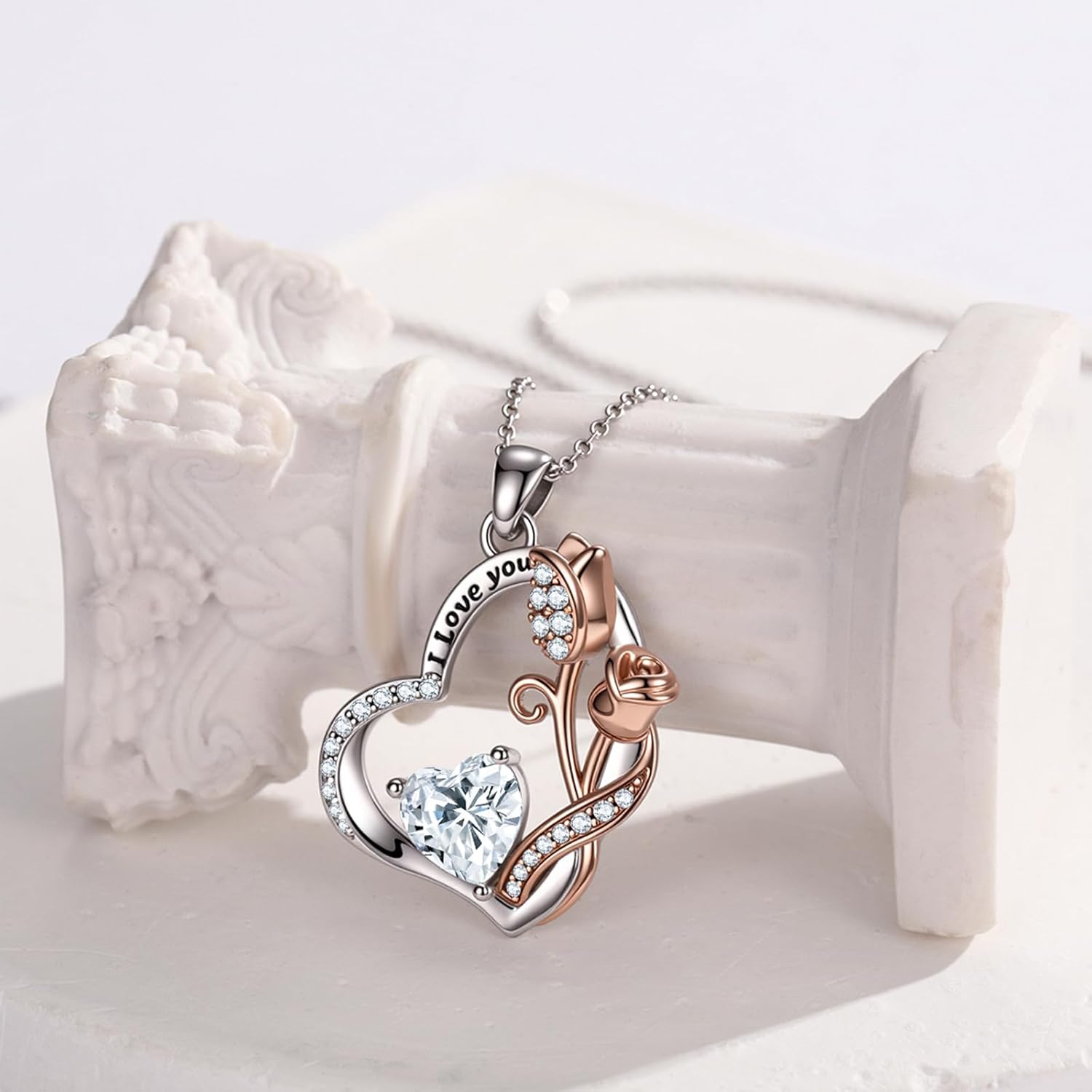 Rose Heart Necklace for Women 14K Rose Gold/White Gold Filled I Love You Pendant Anniversary Birthday Christmas Valentine's Day Jewelry Gifts for Women Her Wife Daughter, Birthstone Jewelry with 18+2 Inch Chain - Image 4