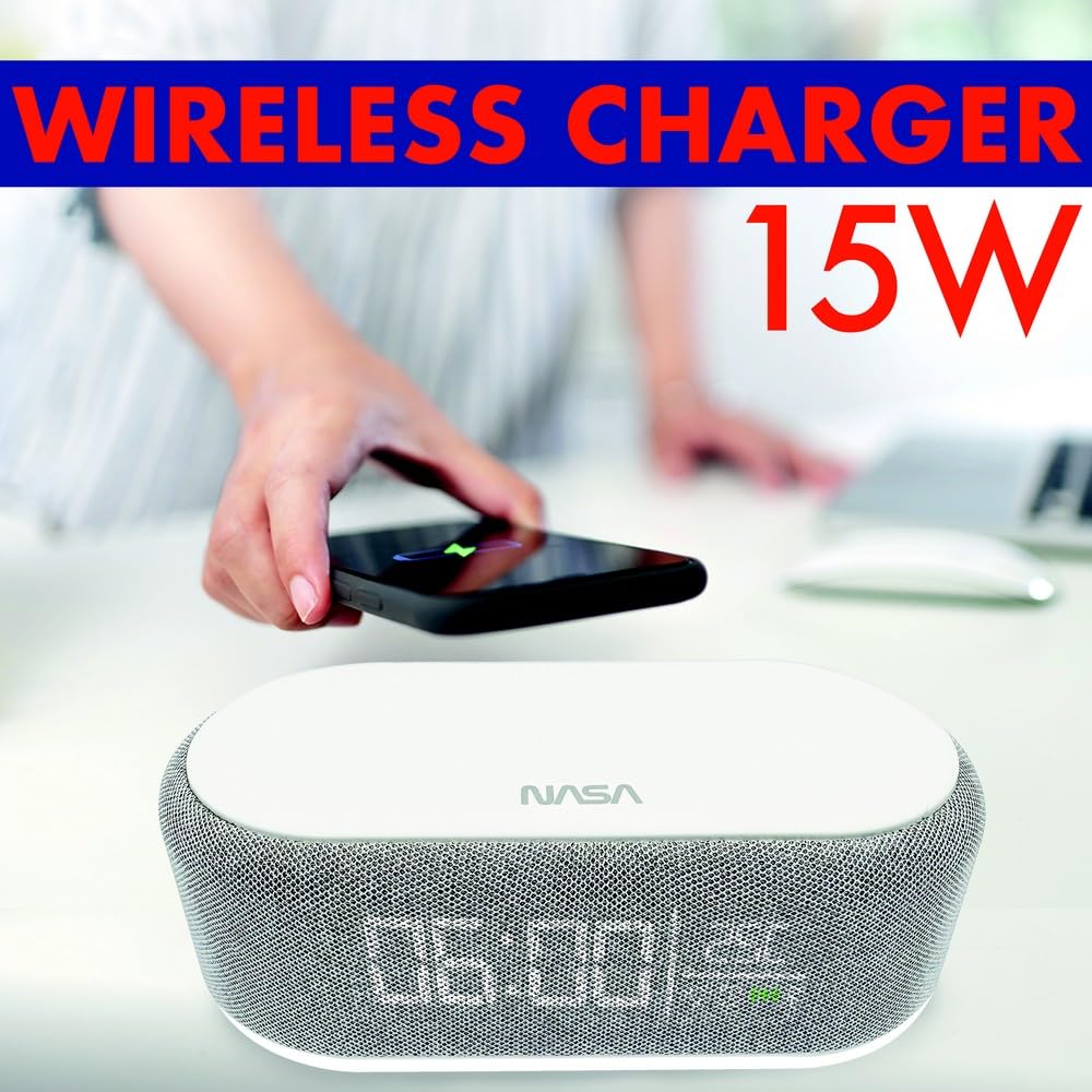 NASA Wecker SPC400 – Radiowecker, Bluetooth-Lautsprecher, Lautsprecher 5 W x 2, kabelloses Laden 15 W, Nachtlicht, Lithium-Akku, USB-C-Kabel im Lieferumfang enthalten – Grau