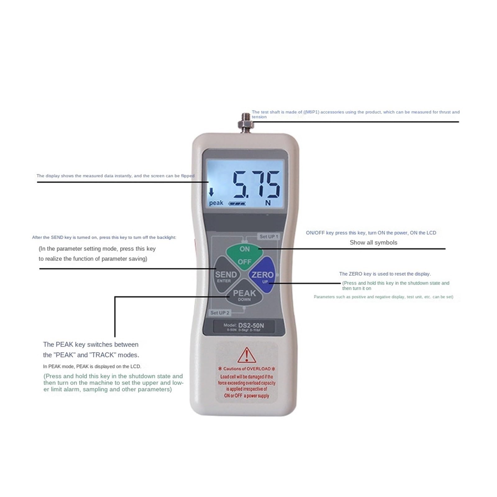 Dynamometr, Precyzyjny cyfrowy miernik siły nacisku DS2-500N 1000N Push 20N 2KGS Tester siły uciągu Mały czujnik dynamometru,Cyfrowy miernik siły(DS2-5N)