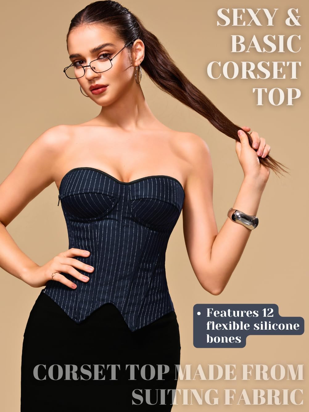 Corset Top for Women, Sexy Lace Up Overbust Bustier, Strapless Zipper Side Tops, Office Club Going Out Outfits - Image 2