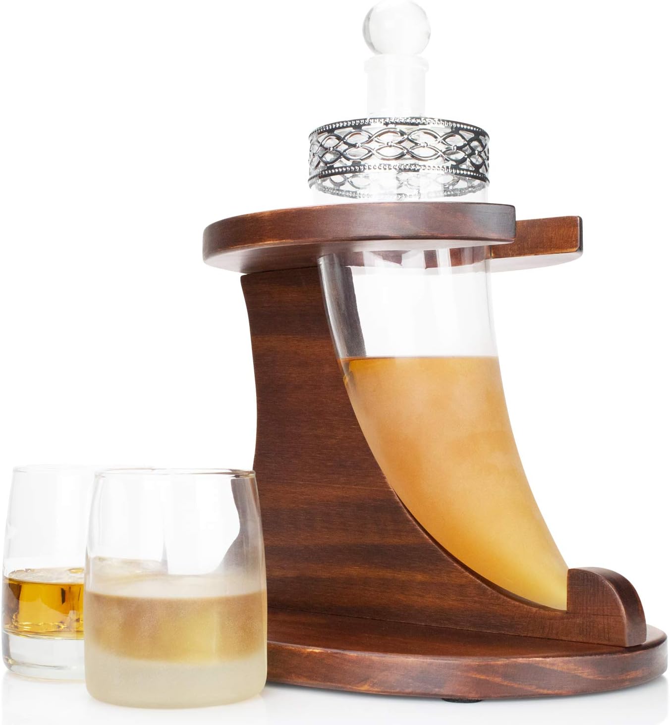 Viking Horn Whiskey Decanter Set - Atterstone 4-Piece Bar Includes a 9.66” x 3.73” Viking Horn Liquor Decanter, 2 Glasses, and Wooden Stand Base