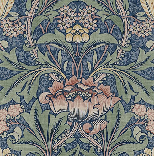 Acanthus Floral Vintage Prepasted Wallpaper (Denim Blue & Salmon)
