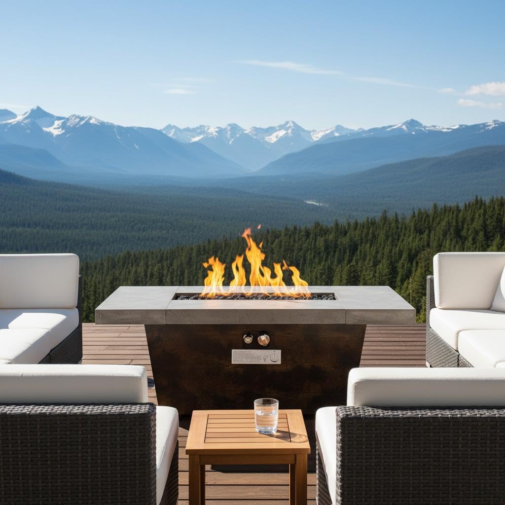 42" Rectangle Propane Gas Fire Pit Table, 50,000 BTU Outdoor Patio Heater with Cement-Texture Top, Stainless Steel Burner, Volcanic Rock & Weatherproof Lid for Backyard & Garden, Cement Grey