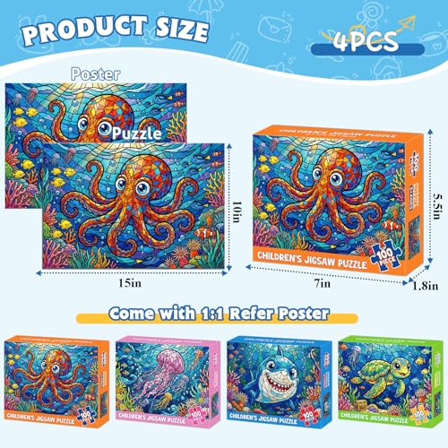 4-Pack 100 Piezas Rompecabezas para Niños Edades 4-8 6-8 8-10, Tiburón Tortuga Pulpo Medusa Rompecabezas Animales Oceánicos, Juguetes para Niños 15"x10" miniatura 5