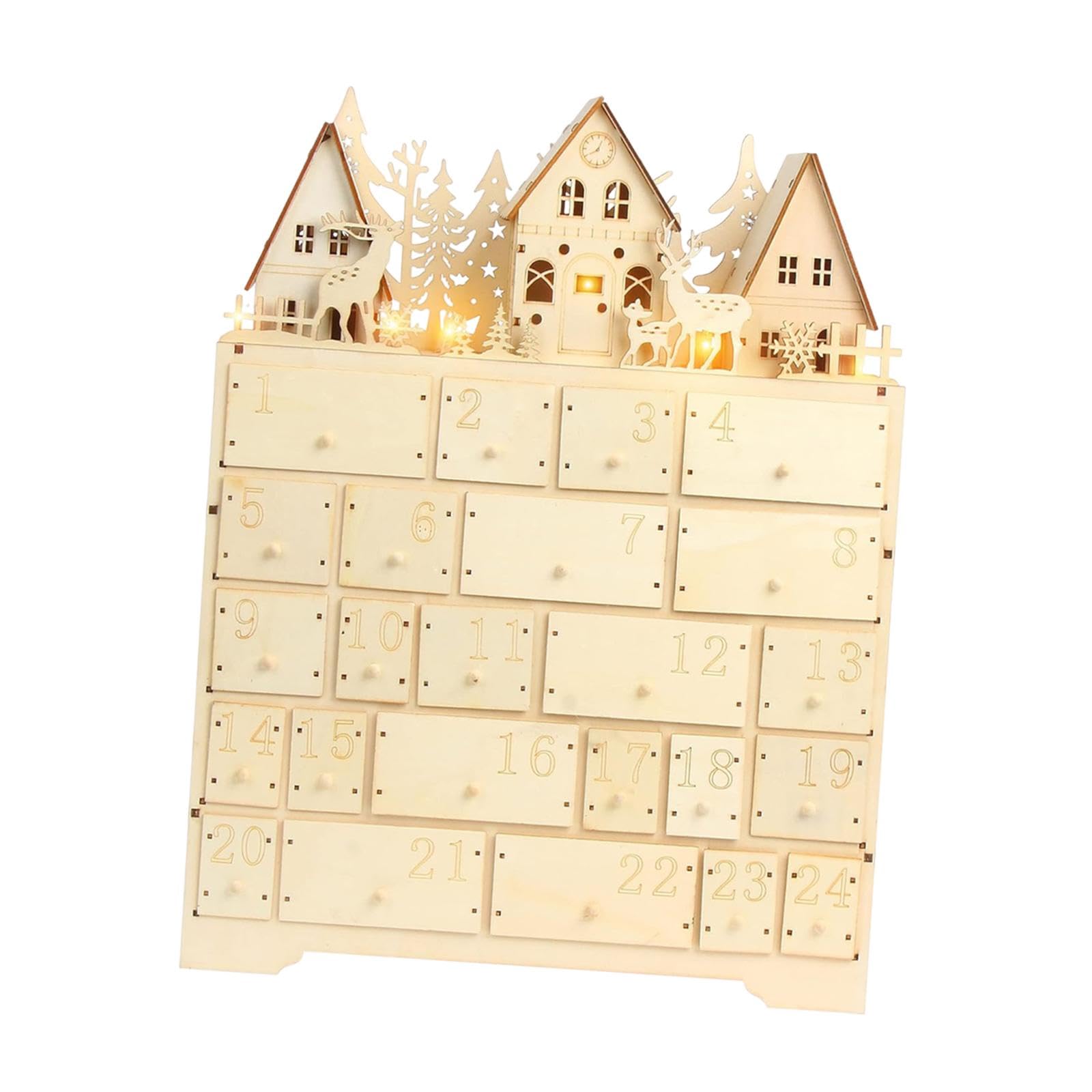 Weihnachts Adventskalender Boxwood mit LED Fächer Holz Kalender Dekoratives Schubladen Ornament Weihnachts für Wohnzimmer Schlafzim
