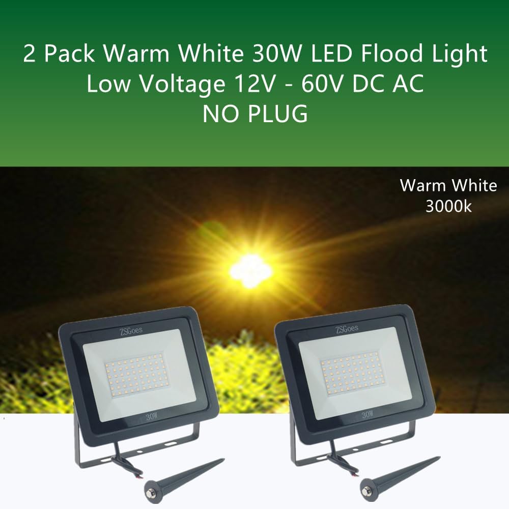 2 Pack Warm White 30W LED Flood Light Outdoor Waterproof IP65, Wall Security Landscape Lamp, Home, Square, Yard, Garage, Street, Pathway, Spike Stand, Low Voltage 12V 24V 36V 48V 60V DC AC