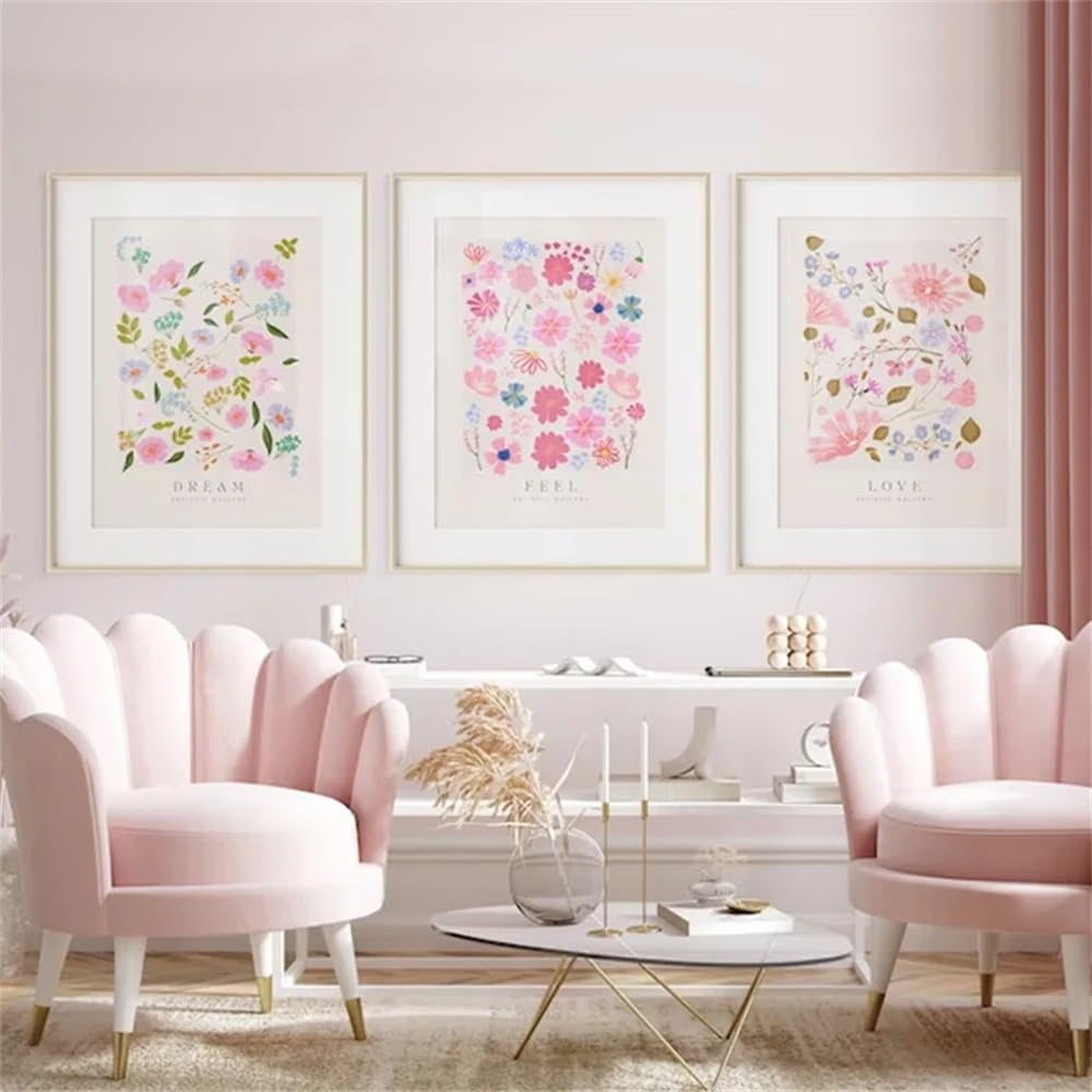 WUHBCZ Art Pictures-Pink Flower Canvas Painting Abstract Aesthetic Colourful Modern Simple Wall Art Love Feeling Living Room Office Bedroom Poster Decoration-50 * 70cm/3PCS (No Frame)