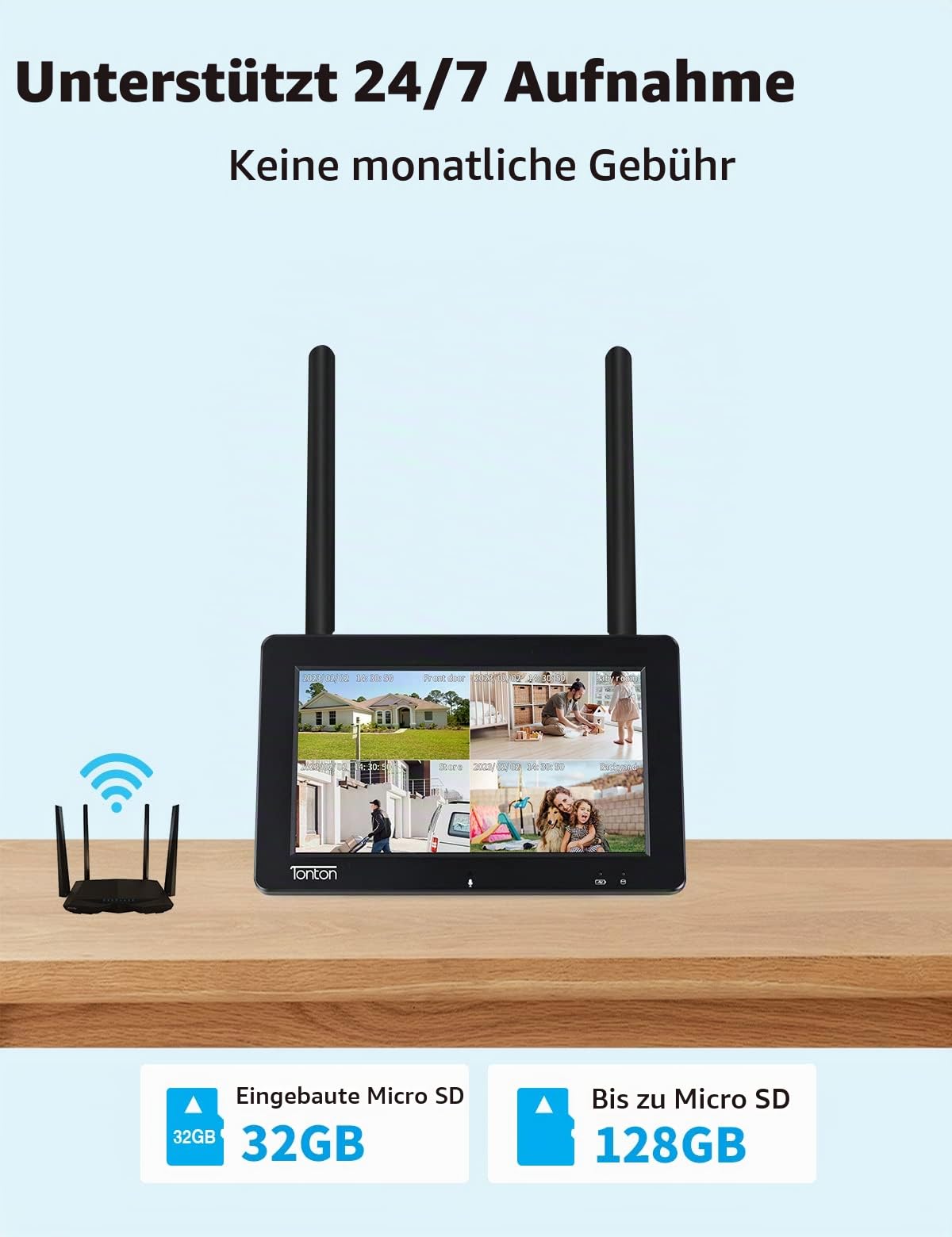 Tonton 5MP Easy Überwachungskamera Set mit Monitor, 7"Zoll Tragbarer LCD-Touchscreen mit Akku, 4CH Wireless NVR Bildschrim, 2x3MP Kamera, Gegensprechfunktion, 30M Farbnachtsicht, 32GB SD Karte,Schwarz