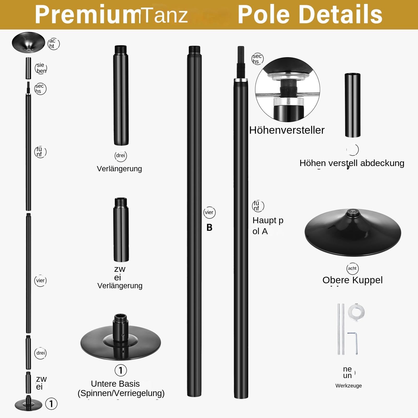 Poledance - Asta professionale per pole dance, regolabile in altezza, 223-280 cm, statica e girevole, con prolunga, in acciaio cromato, portata 200 kg, per pole dance, ginnastica, fitness