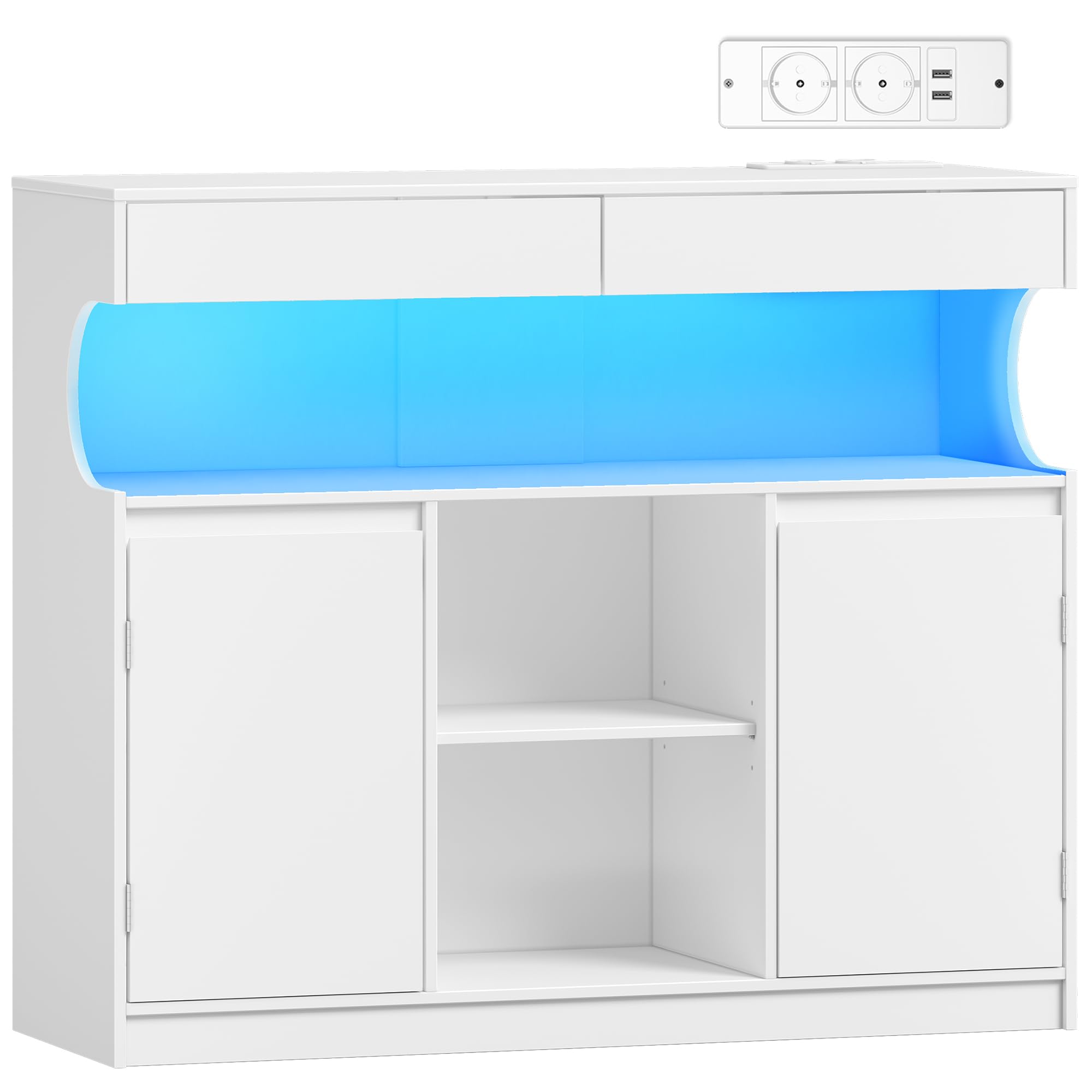 Hzuaneri Sideboard, Küchenschrank mit Steckdosenleiste und LED-Licht, Buffetschrank, 2 Schubladen und 2 Türen, Verstellbaren Regalen, Esszimmer, Küche, 35 × 100 × 85cm, Weiß SC64903X