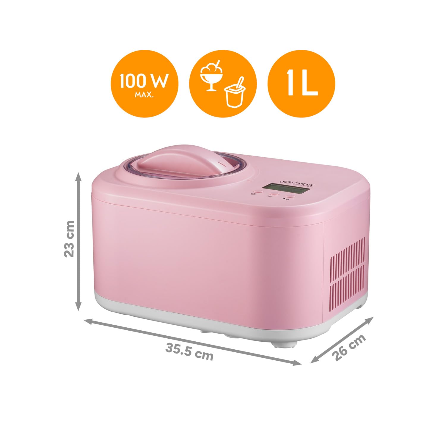 TZS First Austria - Sorbetière 1L avec Compresseur 3-en-1-100W Machine à Glace Auto-Réfrigérante - Pour Frozen Yogurt, Sorbet & Glace - Cuve Inox - Rose