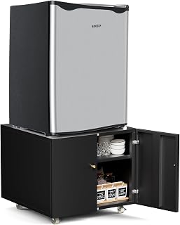 Mini Fridge Stand with Storage, Metal Mini Microwave Stand Countertop with Two Doors Dorm Adjustable Shelf Copier Stand Mobile File Printer Stand Black