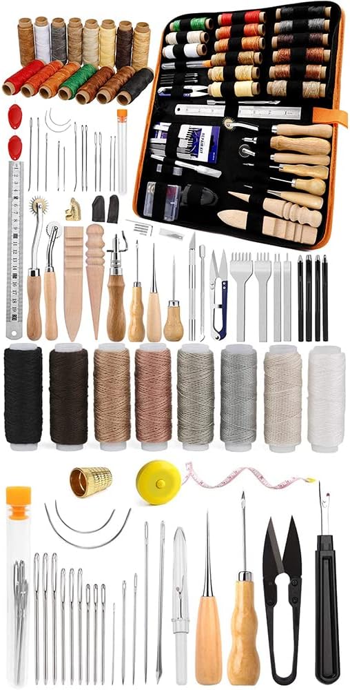 Leather Working Tools and Upholstery Repair with Sewing Kit Waxed Thread Needle Awl Groover Tracing Wheel Prong Punch Storage Bag Leather Tools Kit Great for Leather Stitching and DIY Crafting