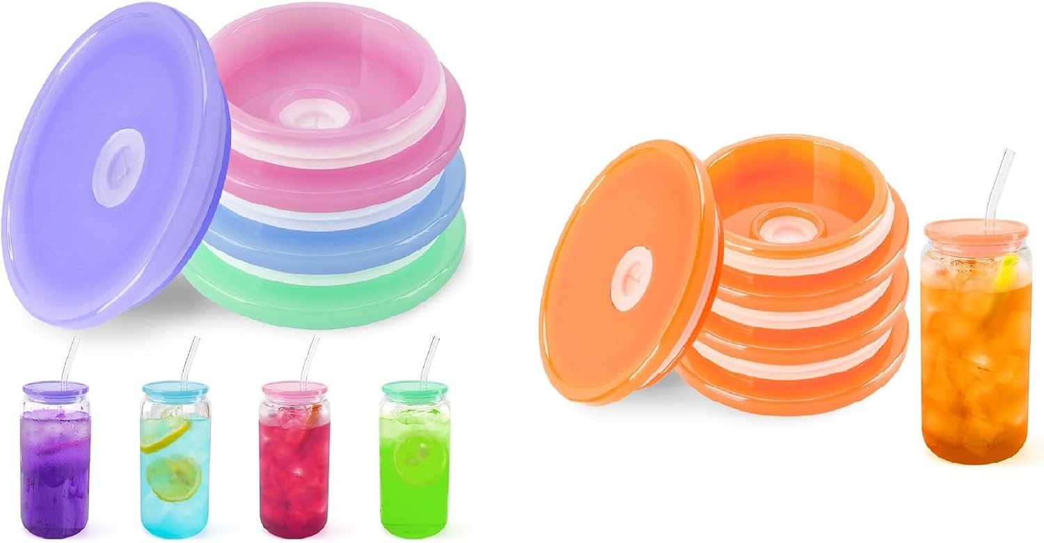 Joyclub Bundle of 4 Pack Acrylic Lids (Candy Color) and 4 Pack Acrylic Lids Fit (Orange) for 16oz Glass Cups