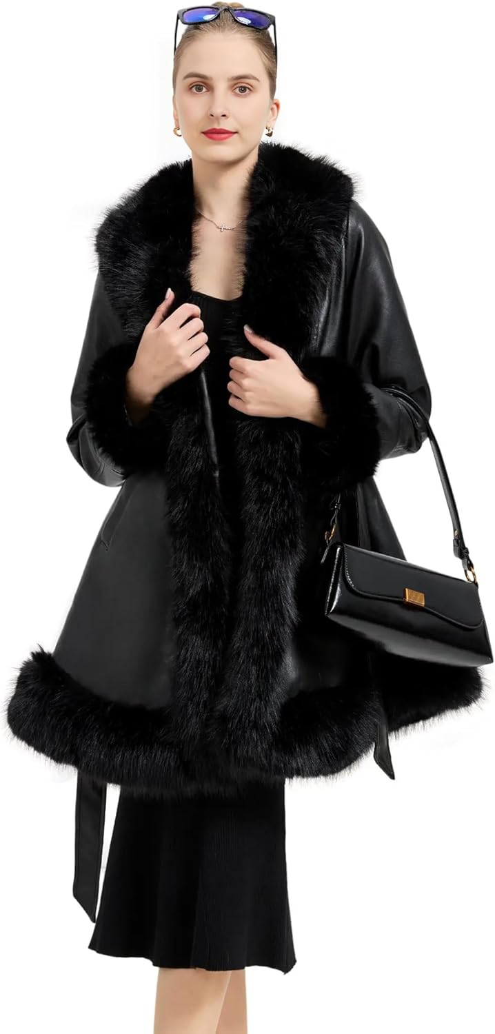 Winter Warm Faux Fur Leather Collar Jacket for Women Long Sleeve Coat With Pockets and Belt - Image 3
