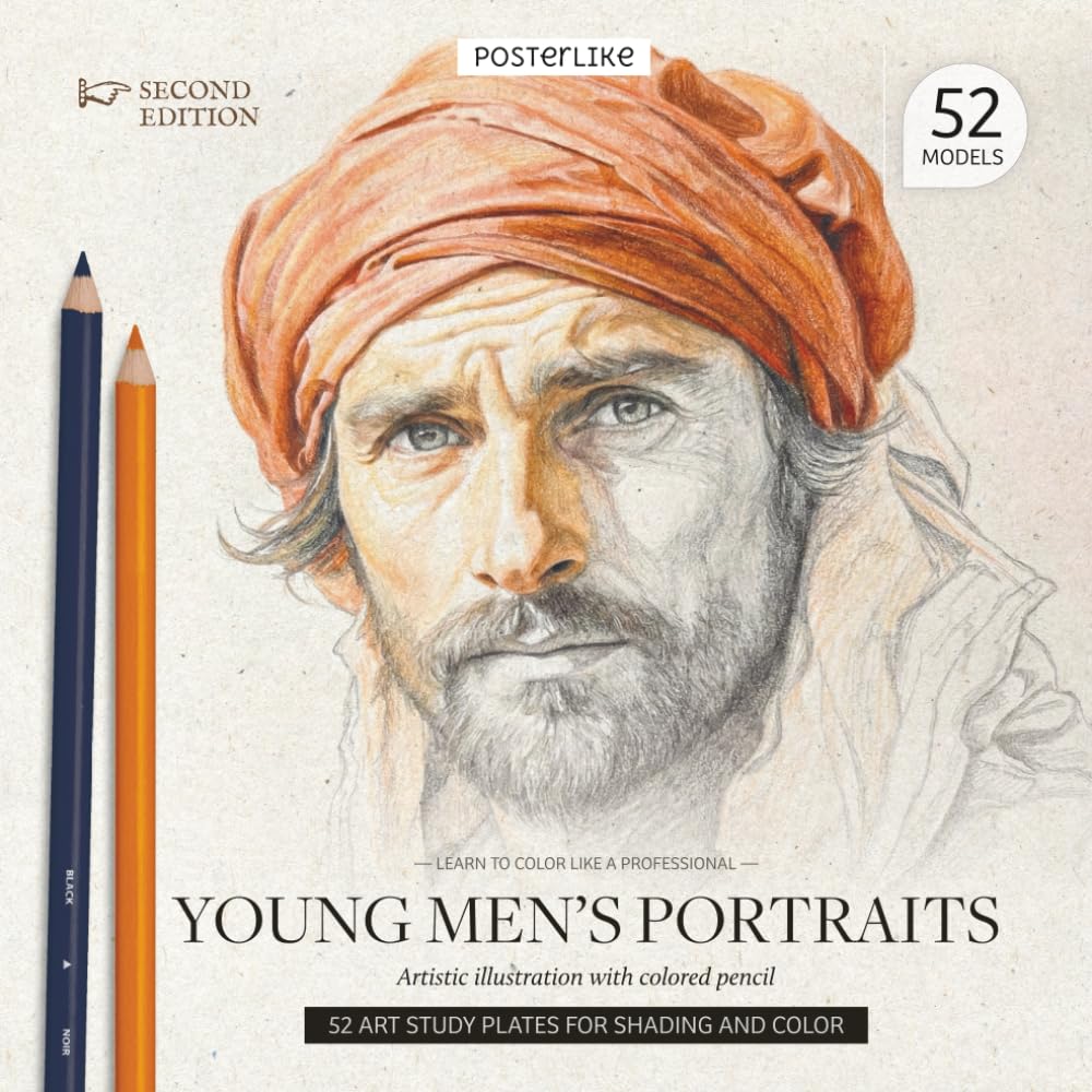 Learn to color like a professional Young Men's Portraits. Artistic illustration with colored pencil: Mastering the Art of Young Male Portraiture with Colored Pencil