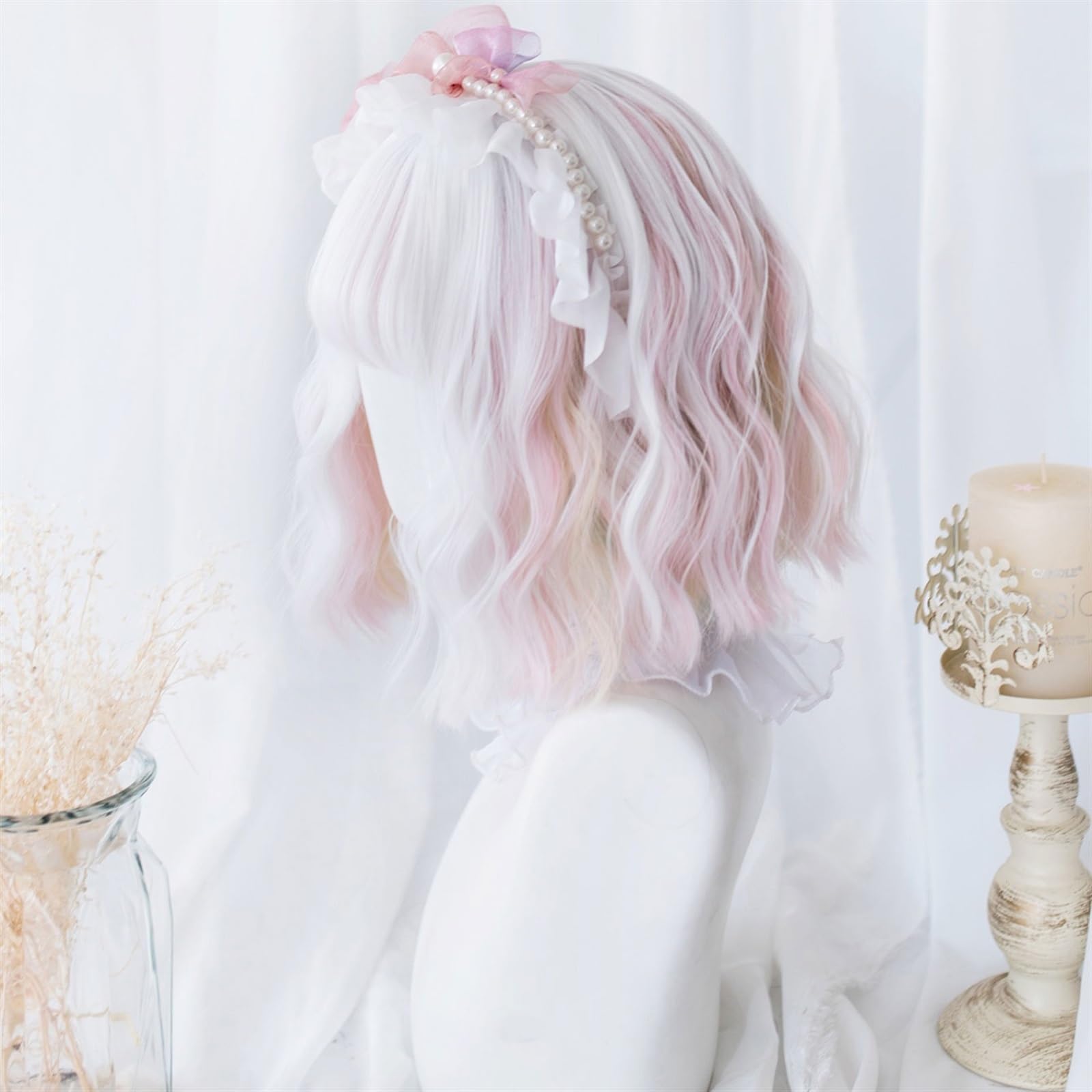 Peruka Cosplay odporna na wysokie temperatury, 30 cm, biała, różowa, dwukolorowa, syntetyczna peruka z grzywką, krótka, naturalna, falowana peruka dla kobiet