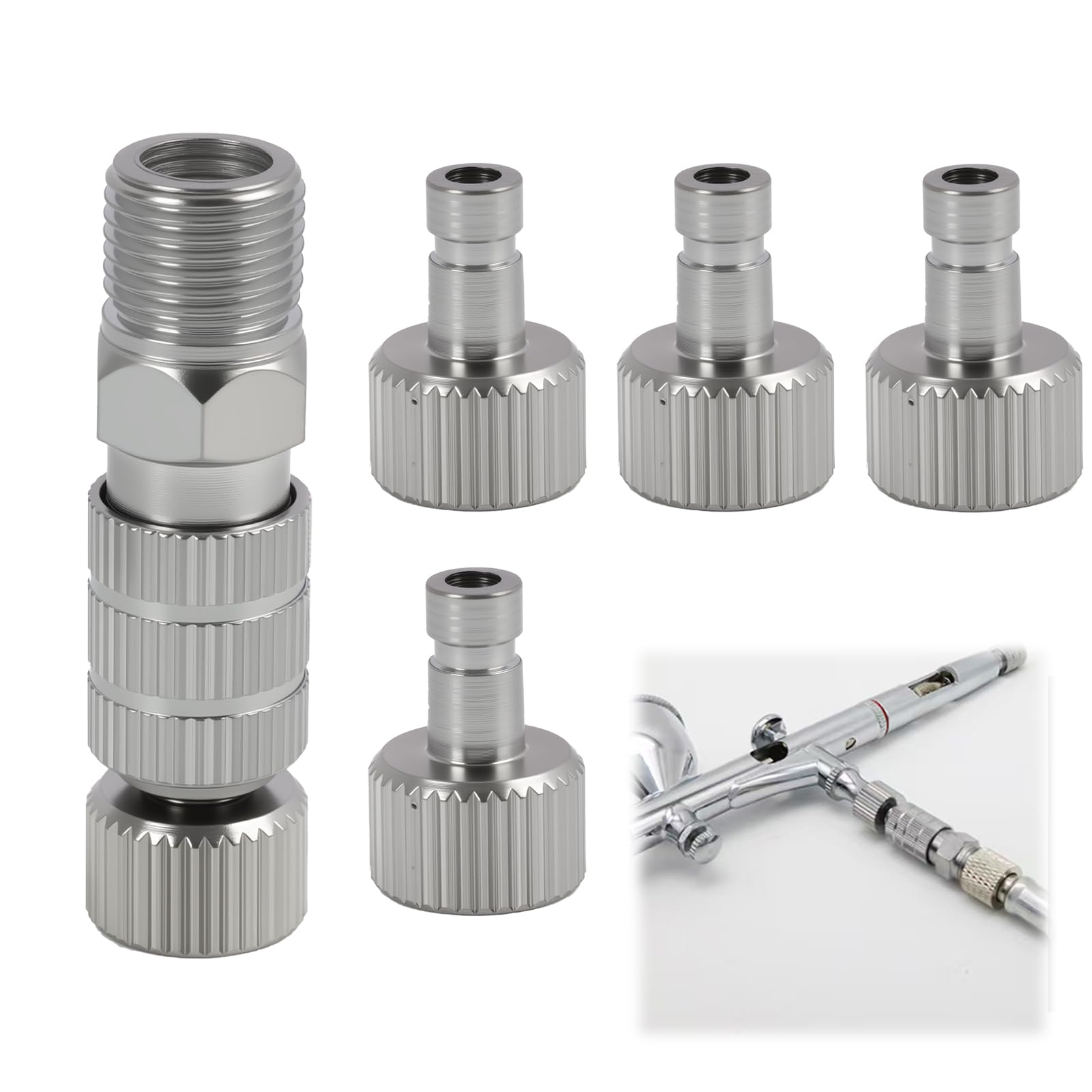 5 Pcs Airbrush Quick Release Coupling Disconnect Adapter Kit, Including 1 Unadjusted Quick Connector and 4 Male Connectors, with 1/8 Threaded Connection, Air Compressor Fittings, Air Fittings