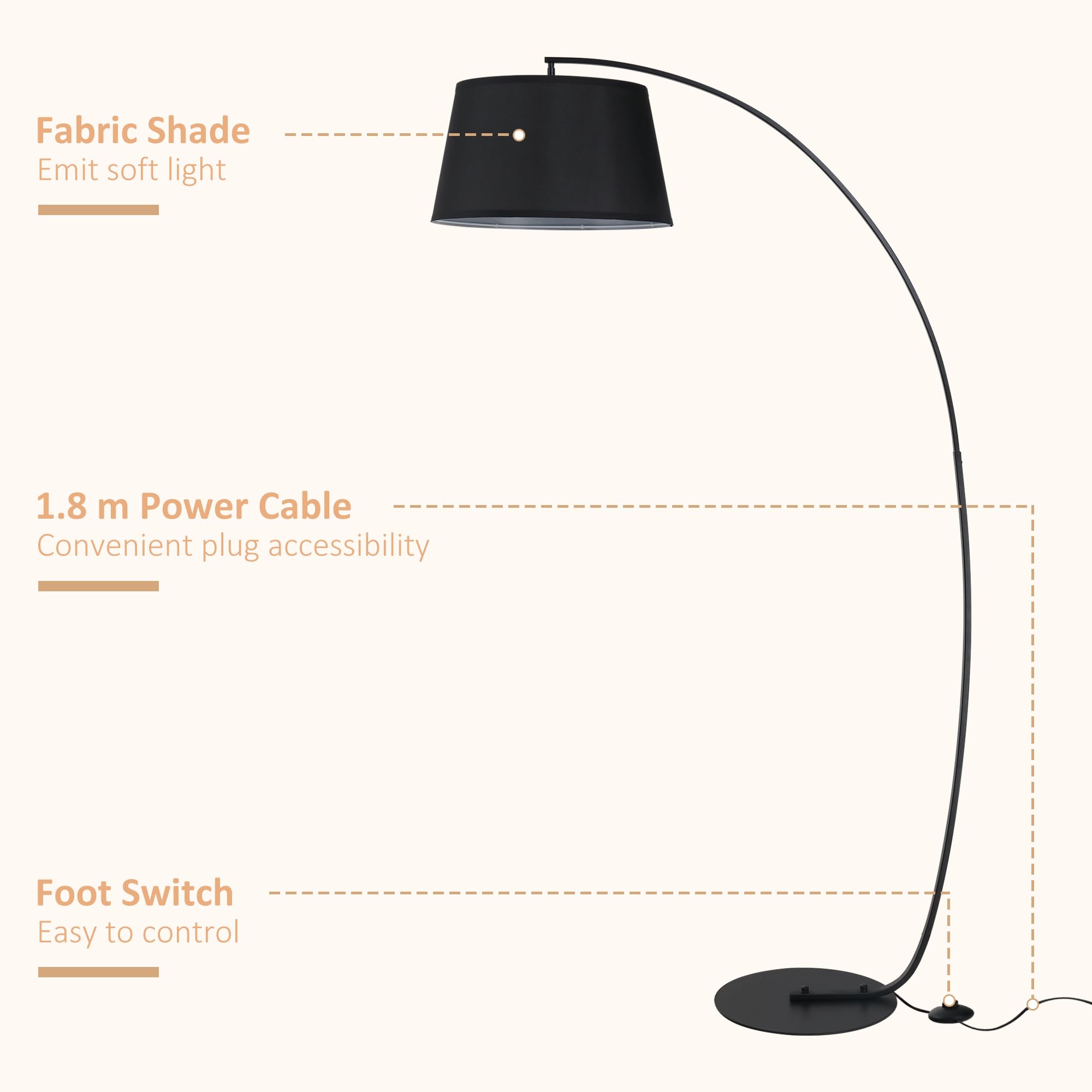 HOMCOM Lámpara de Pie Arco con Pantalla de Tela con Casquillo E27 Negro | Lámpara de Pie para Salón, Bombilla no Incluida, Interruptor de Pedal, para Dormitorio, Oficina