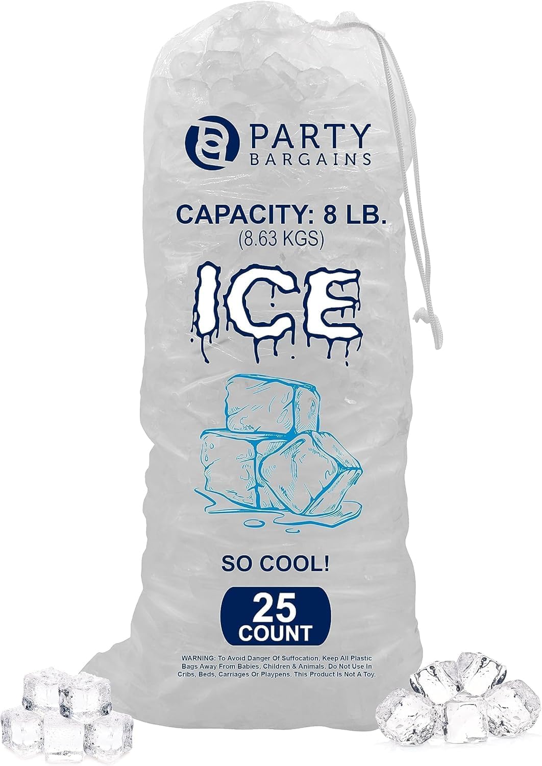 Party Bargains 8 lb Plastic Drawstring Ice Bags 25 Count 19″ x 11″ Durable Heavy Duty Ice Storage Bags for Parties Catering Coolers Outdoor Events