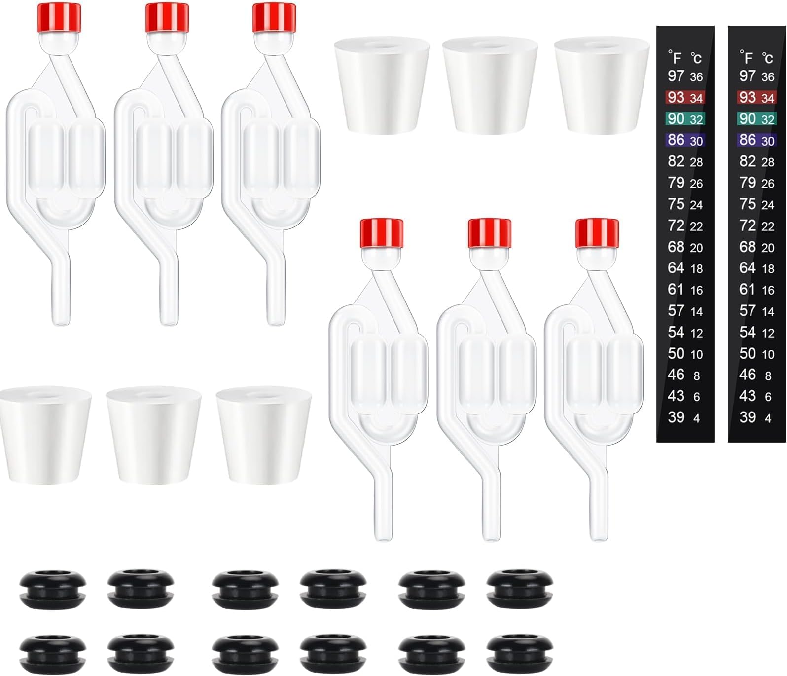 Twin Bubble Airlock Set, Air Lock for Fermenting, 6 Pack S - Shape Airlocks for Fermenting with #6 Carboy Stopper, 12pcs Airlock Grommets and 2pcs Brewing Thermometer Strips
