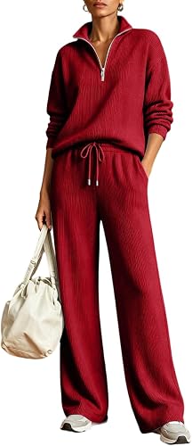GQN Women's 2 Piece Outfits Collared Half Zip Lapel Baggy Sweatshirts Lounge Wid
