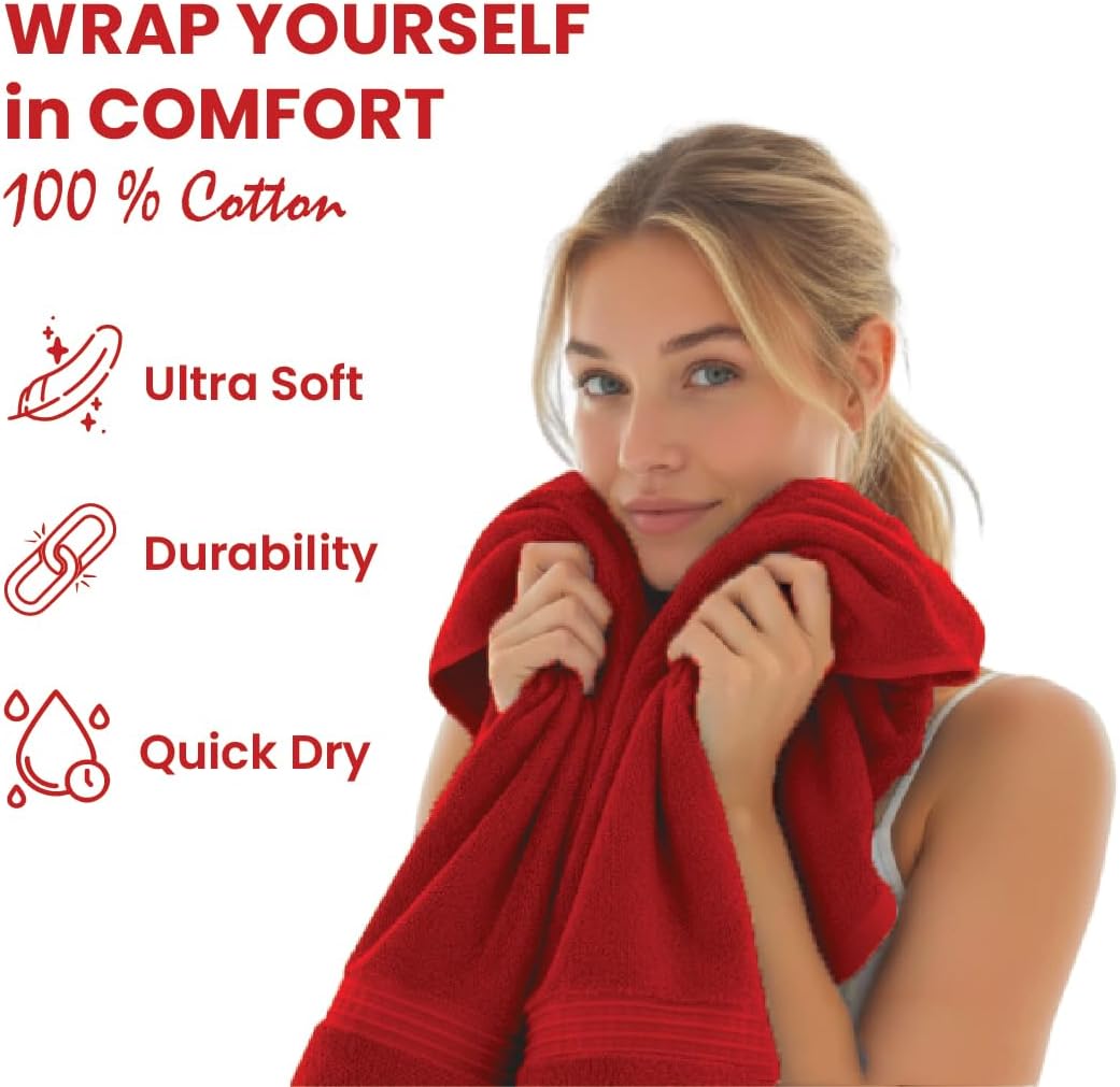 4 Piece Large Bath Towels - 27 x 54 inches, 100% Cotton Towels, Highly Absorbent Light Weight Cotton Towels - Bathroom Decor Quick Dry Towel (Red)
