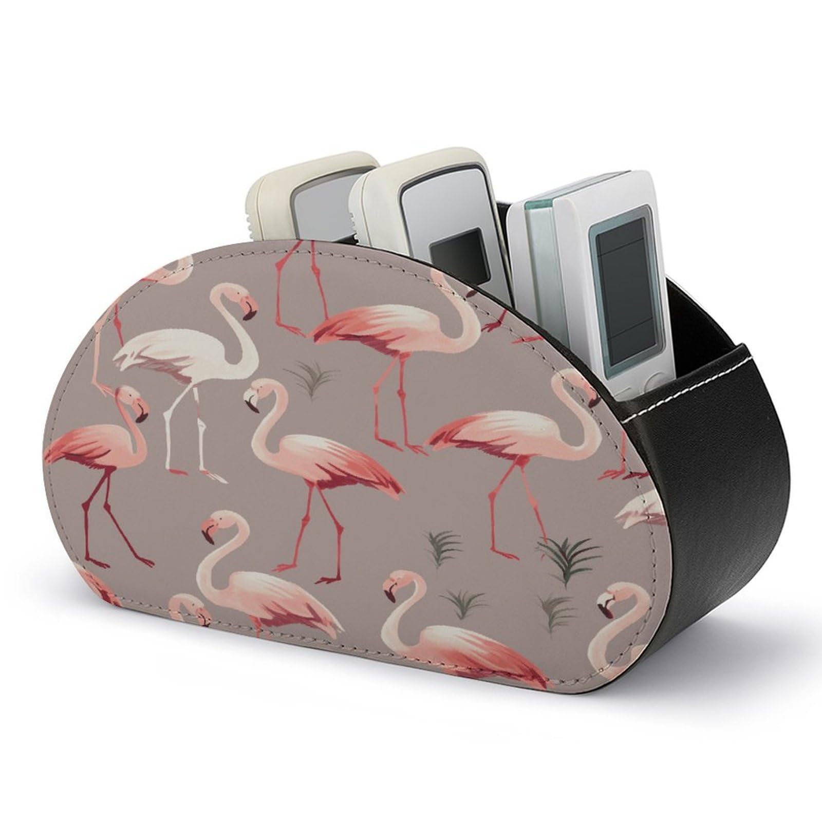FekiLoot Pink Flamingo Pattern TV Remote Control Holder with 5 Compartments Multi-functional Leather Bedside Table Remote Caddy Desktop Storage Box for Store Pen Controller Media Player Cosmetic