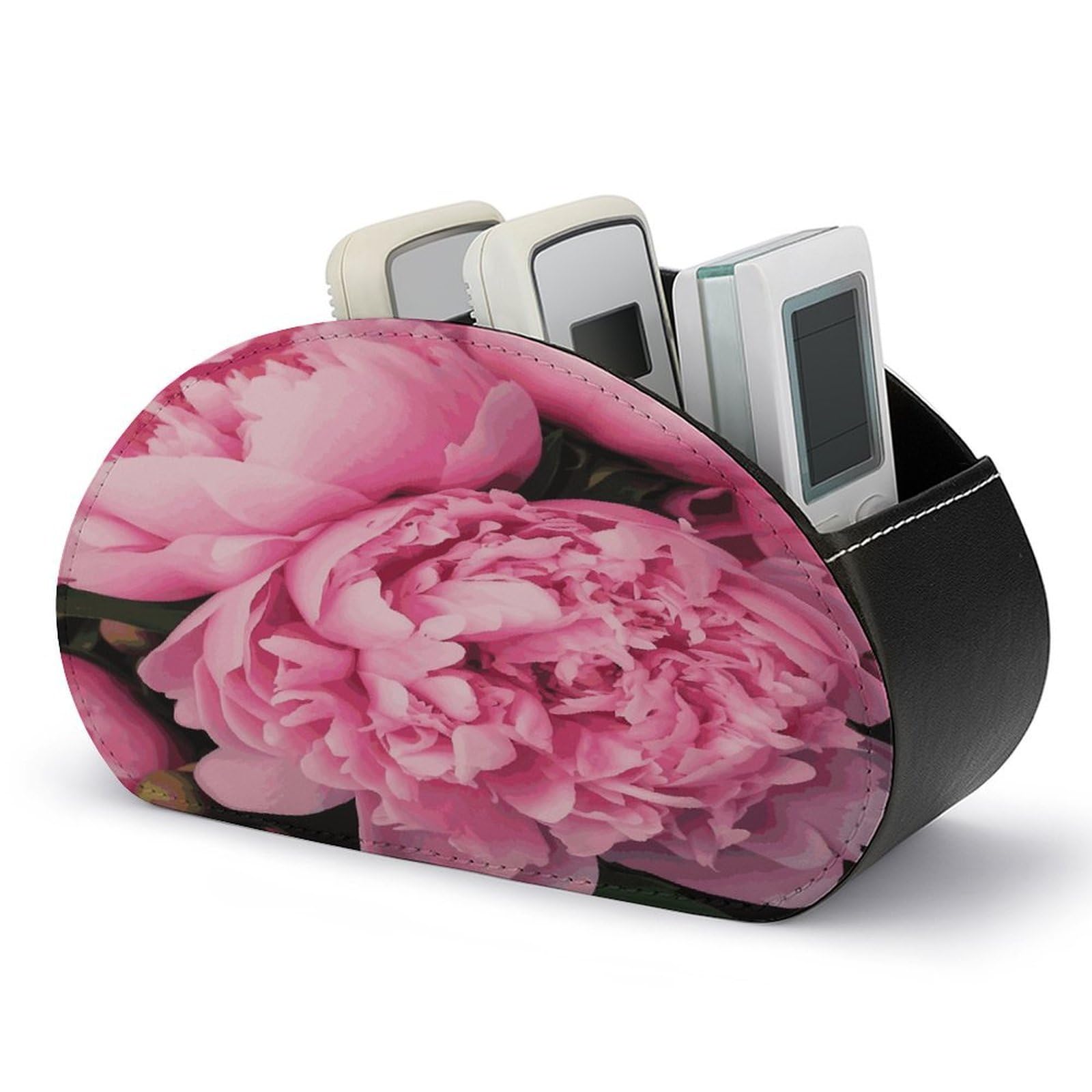 FekiLoot Pink Peony TV Remote Control Holder with 5 Compartments Multi-functional Leather Bedside Table Remote Caddy Desktop Storage Box for Store Pen Controller Media Player Cosmetic