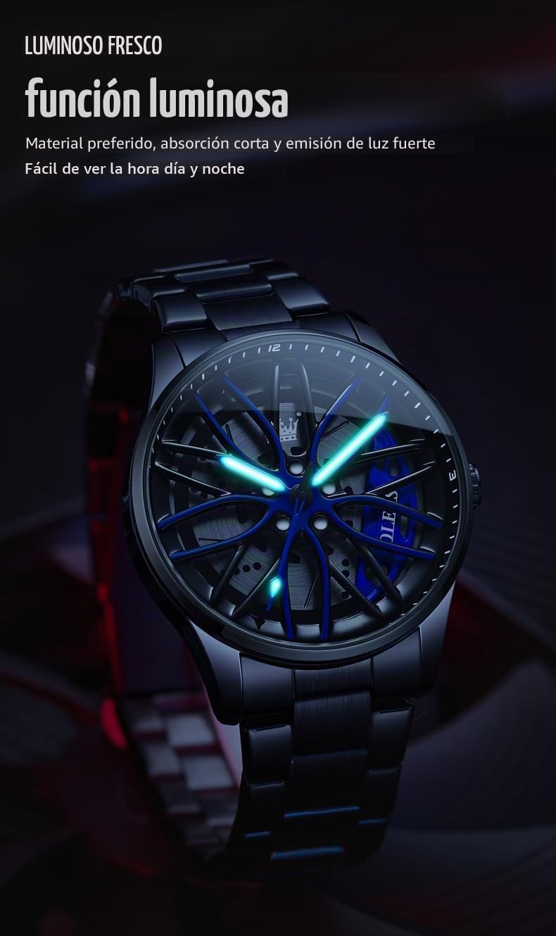 OLEVS Watches for Men Skeleton Quartz Racing Car Wheel Stainless Steel Casual Sports Waterproof Luminous Mens Watches