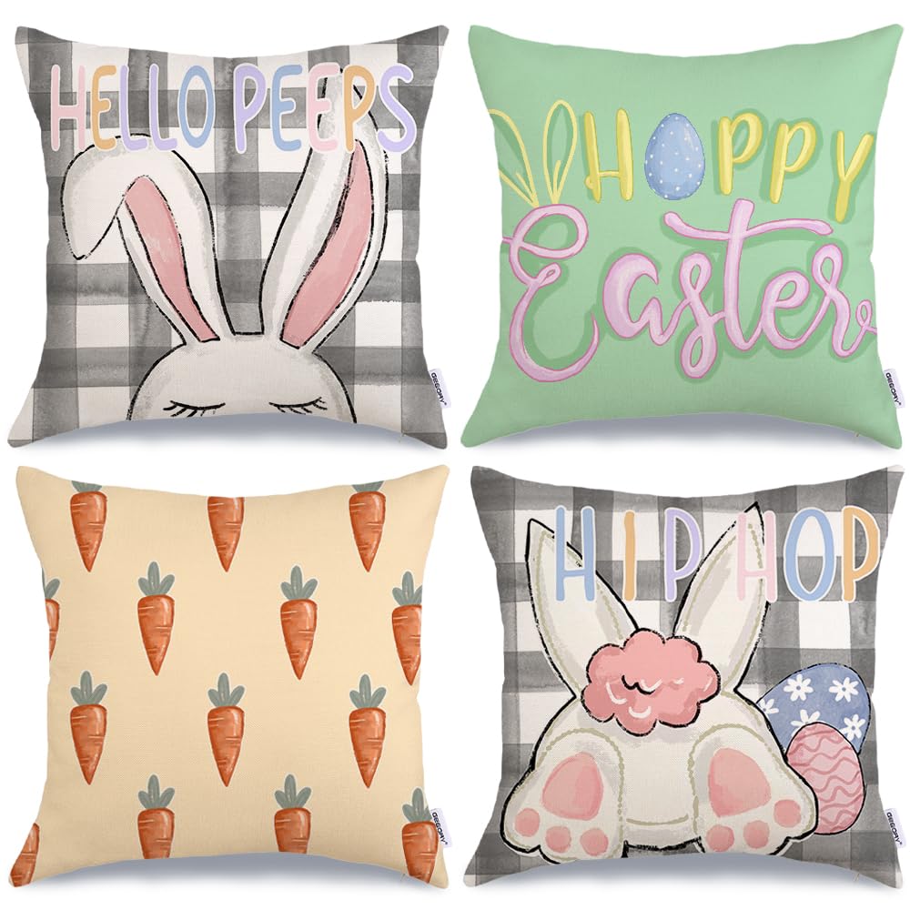 Happy Easter Pillow Covers 20x20 Inch Set of 4, Buffalo Plaid Rabbit Bunny Hello Peeps Hip Hop