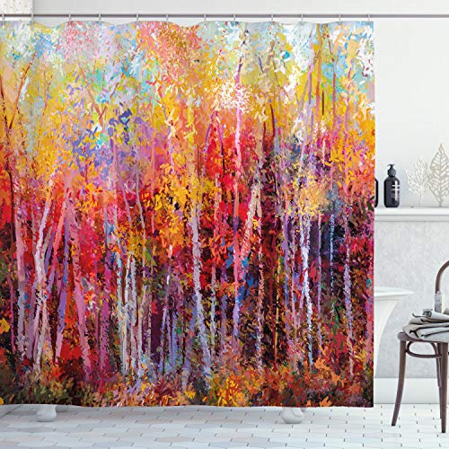 Ambesonne Nature Shower Curtain, Colorful Nature Painting of Trees in The Autumn Forest Impressionistic Style Fine Art Image Print, Cloth Fabric Bathroom Decor Set with Hooks, 75" Long, Orange Yellow