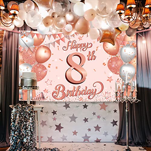 Katchon, Happy 8Th Birthday Banner - Large 72 X 44 Inch | Rose Gold Happy 8Th Birthday Backdrop For Girls | Happy 8Th Birthday Decorations For Girls | 8 Year Old Girl 8Th Birthday Party Decorations #TOP2