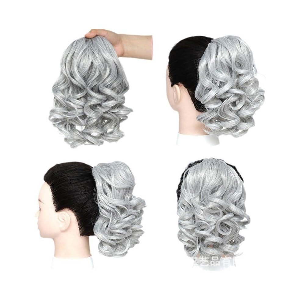 Pferdeschwanzverlängerung, Perücke Damen Kordelzug Kurzer Volumen-Pferdeschwanz Chemiefaser-Pferdeschwanz Römischer Volumen-Pferdeschwanz Kurzer Pferdeschwanz Kunsthaar(Silver gray)