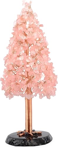 MASGEMES Árbol de Navidad de cristal de cuarzo rosa natural, árbol de la vida con piedras preciosas, base de rodajas de ágata, equilibrio de