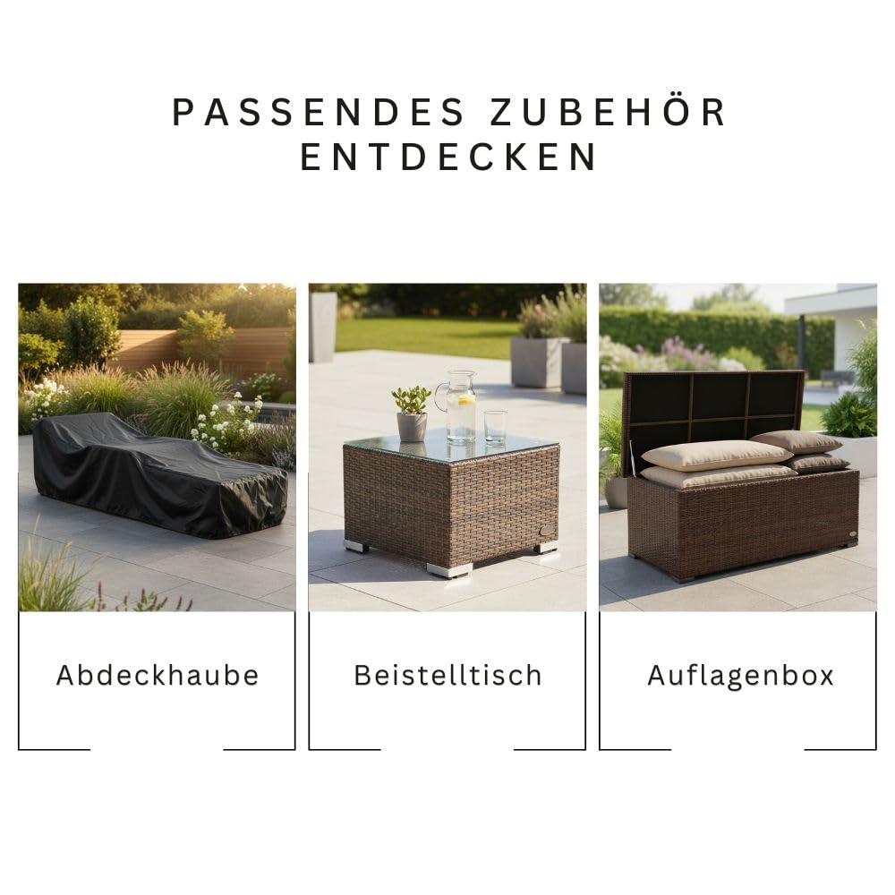 RS Trade Sonnenliege Gartenliege Toscana Wetterfest mit Rollen – Polyrattan Rattan Liege Outdoor mit Armlehne, Verstellbare Relaxliege für Garten, Terrasse, Balkon, braun mit Grauer Auflage & Kissen