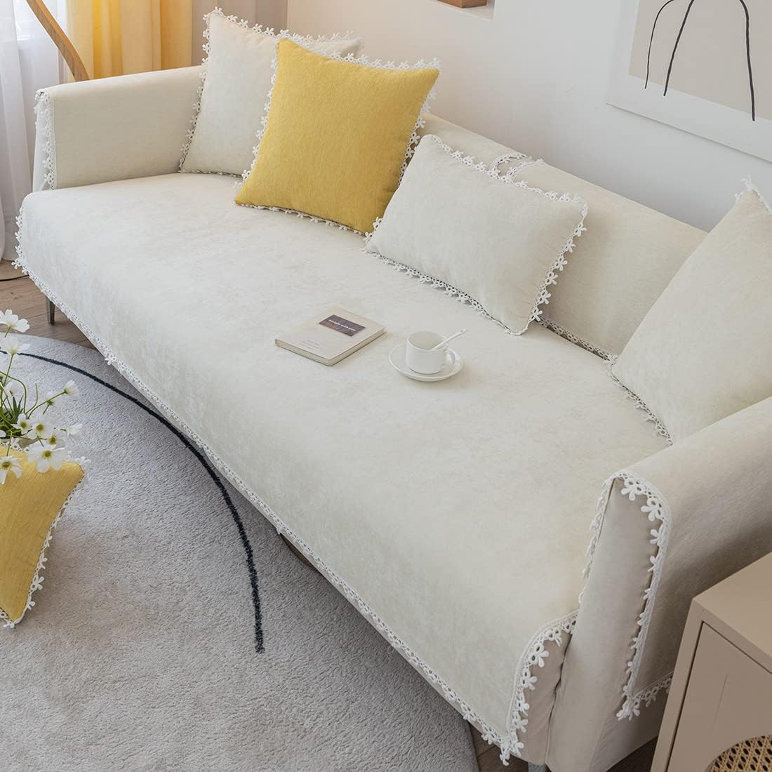 vctops Soft Chenille Couch Sofa Cover Elegant Lace Sectional Couch Covers Nonslip Solid Color Sofa Slipcover for Dogs, Children, Pets Furniture Protector (Cream,36"x47")