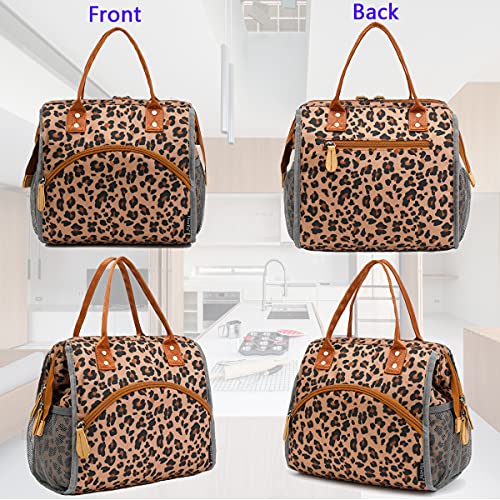 Flowfly Insulated Lunch Bag Wide-Open Lunch Box Large Tote Leakproof Cooler With Drink Holder And Multi Pockets For Women Men Adult Kids Work Picnic Travel Beach Hiking, Leopard #TOP5