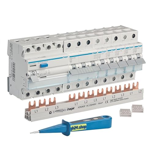 grenda-hammer® | Einbaupaket Hager 1x FI-Schutzschalter 30mA, 1x Sicherung B16A/3, 5x Sicherungen B16A/1, 1x Kammschiene, 2x Endkappen und 1x gh24 Phasenprüfer